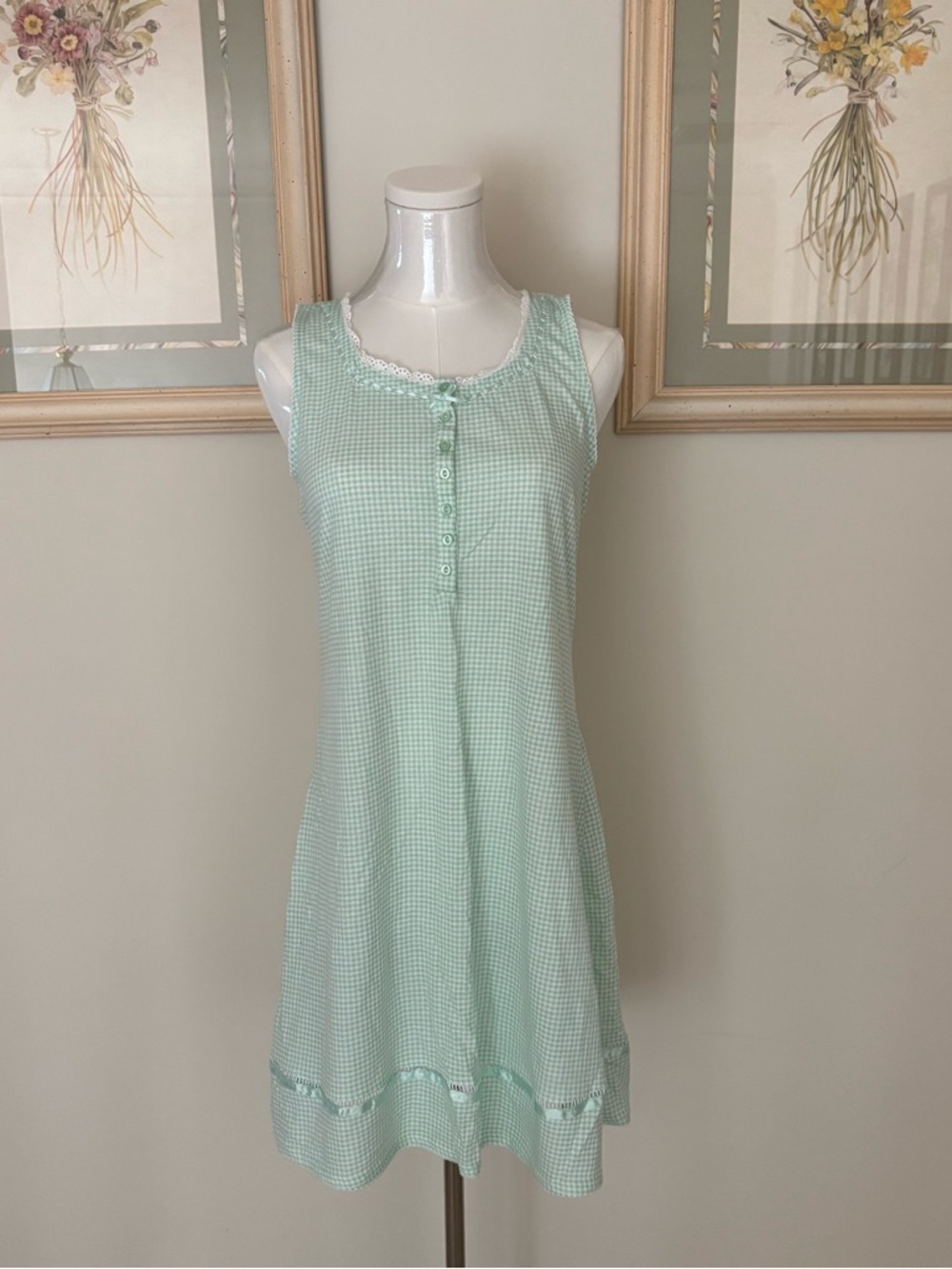 Gingham Sleeveless Dress with Lace Trim